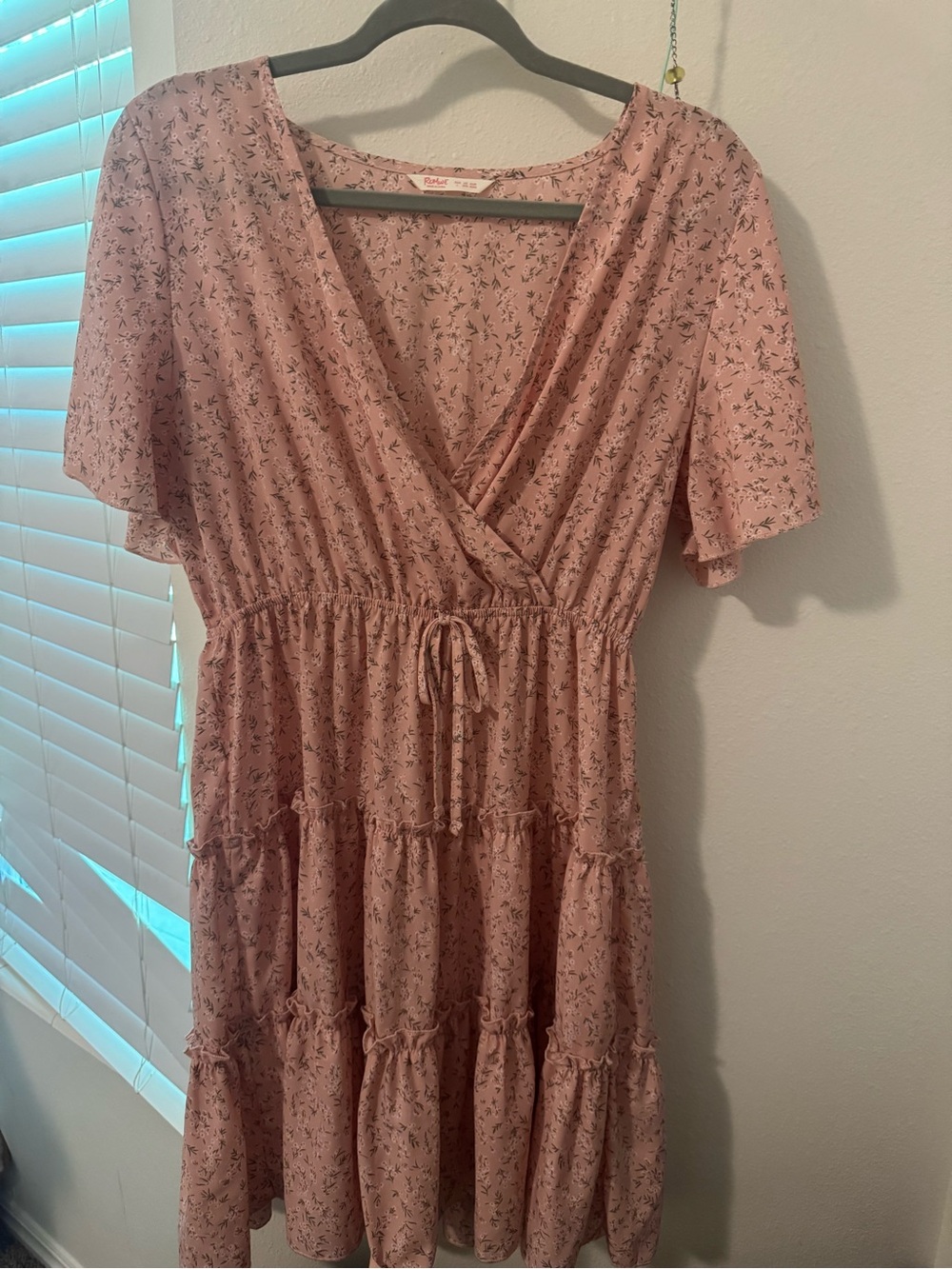 ROMWE Dusty Rose Floral Tie-Waist Midi Dress